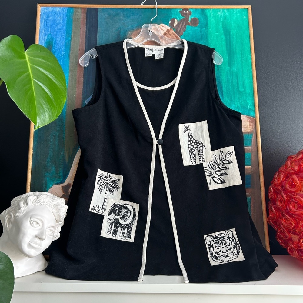 Y2K Betsy Lauren Black and White Vest Tank Top with Safari Animal Prints Size 14